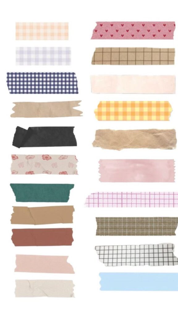 A variety of decorative washi tapes with assorted patterns and colors, including checkered, floral, and solid hues, displayed in rows.