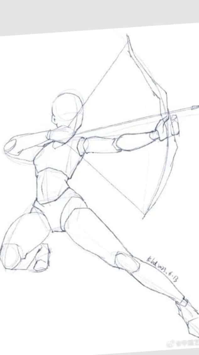 Sketch of a dynamic archer figure drawing, showcasing a poised stance with a bow and arrow, capturing movement and balance.