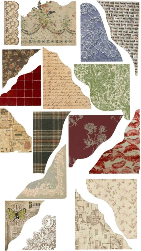 Collage of decorative vintage paper scraps, featuring floral, lace, text, and plaid patterns in various colors and styles.