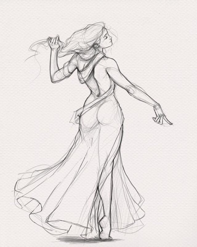 Sketch of a gracefully posed woman in a flowing dress, holding her hair, showcasing dynamic movement and elegance.