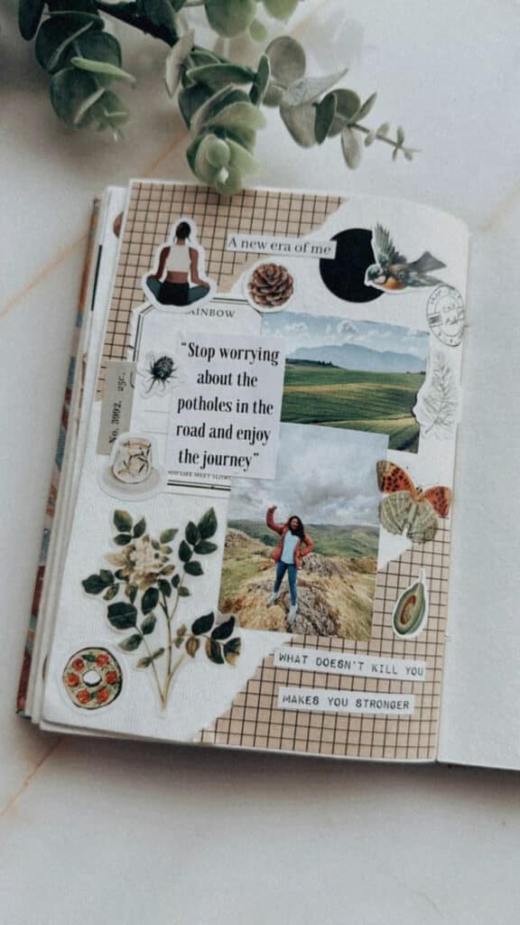 Collage journal page with nature, quotes, and travel imagery, featuring greenery, motivational text, and exploration vibes. Eco-friendly aesthetic.