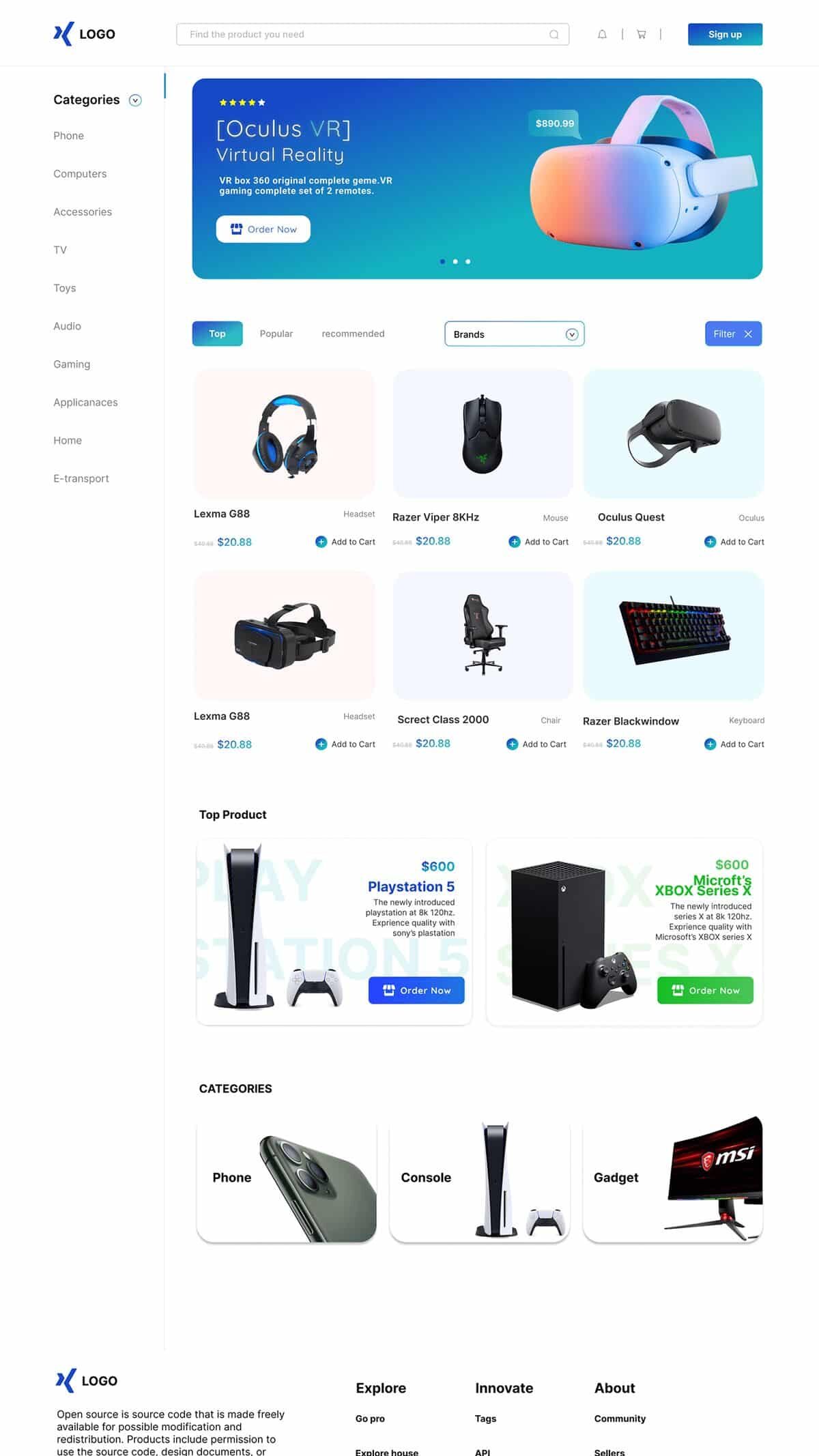 E-commerce store homepage showcasing VR headsets, gaming accessories, PlayStation 5, and Xbox Series X with pricing and purchase options.