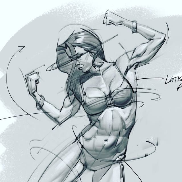 Digital sketch of a muscular woman in a powerful pose, highlighting anatomy with dynamic lines and artistic flair.