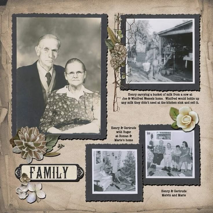 Vintage family photo collage featuring Henry and Gertrude, showcasing farm life and holiday moments with relatives.