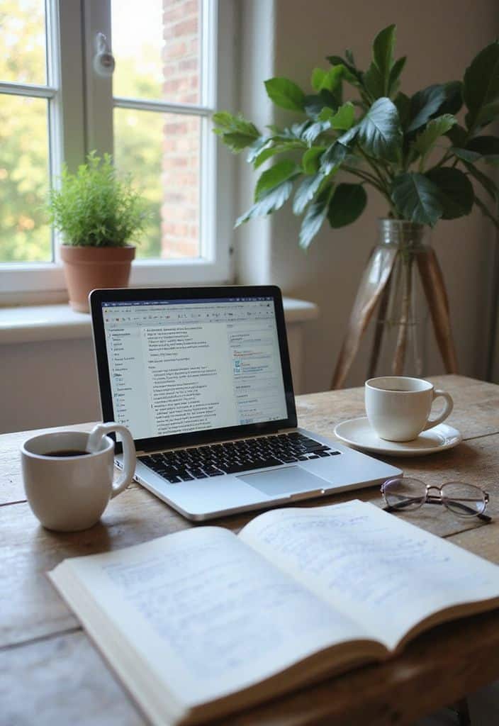 878797012b5dff05747f51f42acbd0c2 Cozy workspace with laptop, open book, coffee cups, and plants by a window, perfect for studying or working from home. | Sky Rye Design Cozy workspace with laptop, open book, coffee cups, and plants by a window, perfect for studying or working from home.