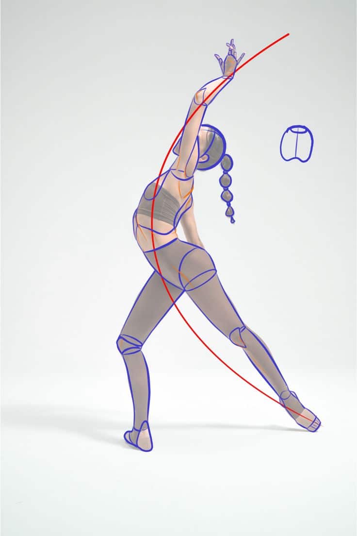 Illustration of a dancer in motion with outlined anatomy lines, showcasing movement and form, ideal for dance anatomy and art education.