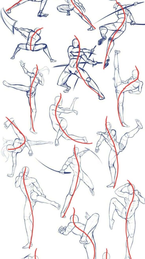 Dynamic figure drawing poses with action lines, showcasing various martial arts stances for artistic anatomy practice.