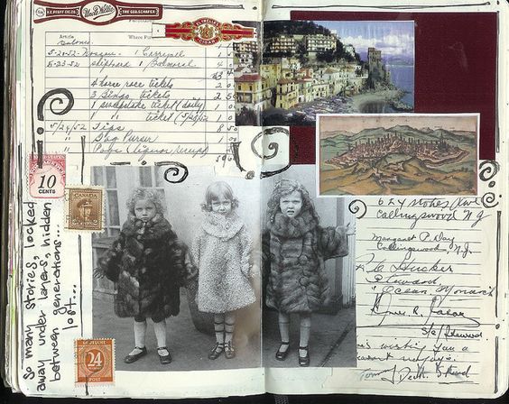 Vintage scrapbook with old photos, handwritten notes, vintage stamps, and travel postcards, showcasing memories and historical moments.