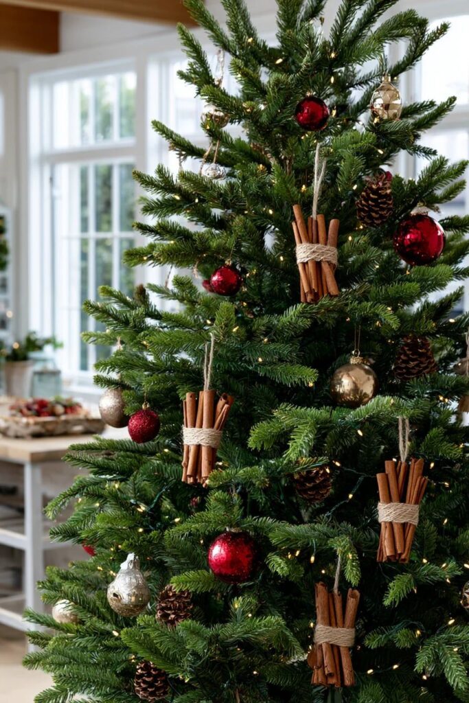 8a3851f7e28b6f9d6c4108b2c2b8e464 Festive Christmas tree with cinnamon and pinecone ornaments, adorned with red and gold baubles, creating a cozy holiday ambiance. | Sky Rye Design Festive Christmas tree with cinnamon and pinecone ornaments, adorned with red and gold baubles, creating a cozy holiday ambiance.