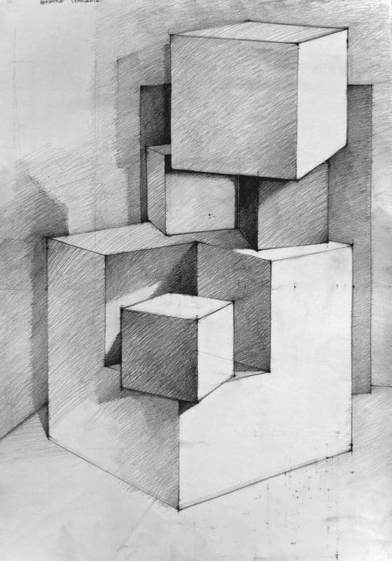 Abstract pencil sketch of stacked geometric cubes, showcasing light and shadow play. Monochrome illustration with detailed shading.