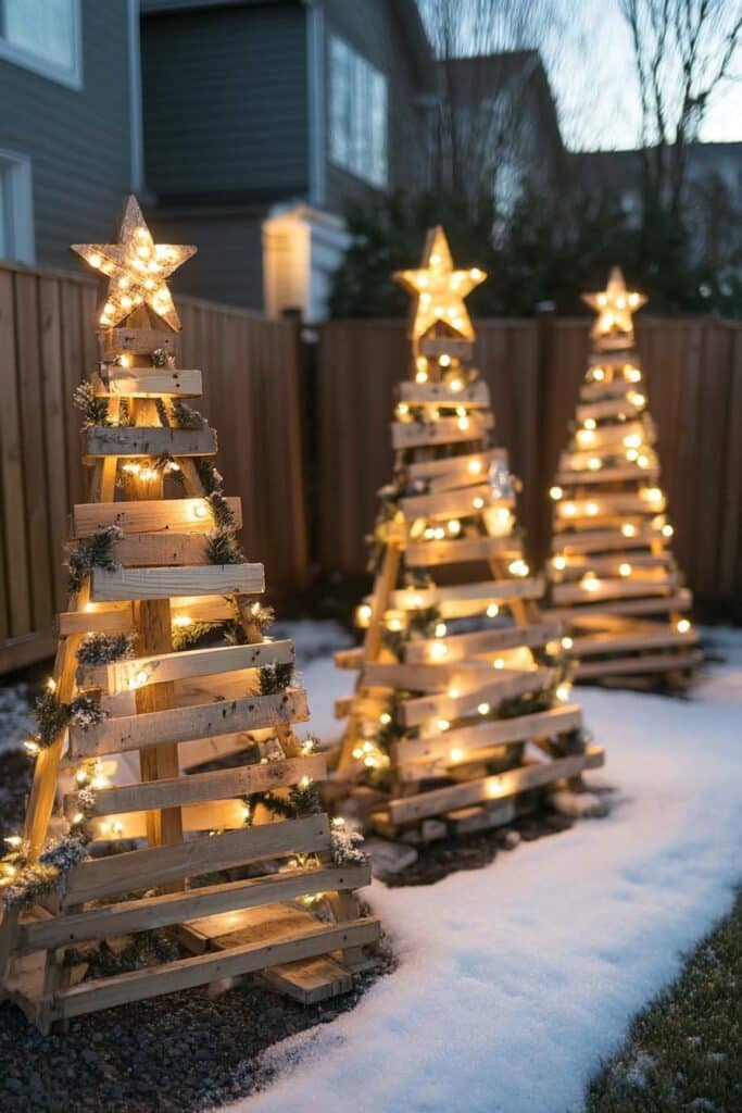 8a9e787b95482cb0ce664778b608fda7 Rustic wooden Christmas trees with glowing star toppers and string lights decorate a snowy yard, creating a cozy holiday ambiance. | Sky Rye Design Rustic wooden Christmas trees with glowing star toppers and string lights decorate a snowy yard, creating a cozy holiday ambiance.