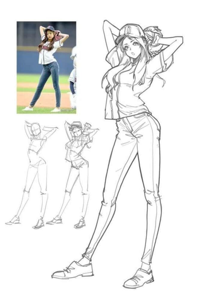 8b24f591529575fd9ce7ead6fc2c2bae Anime-style baseball girl sketch inspired by photo, wearing cap and casual outfit, hands on head, side-by-side image comparison. | Sky Rye Design Anime-style baseball girl sketch inspired by photo, wearing cap and casual outfit, hands on head, side-by-side image comparison.