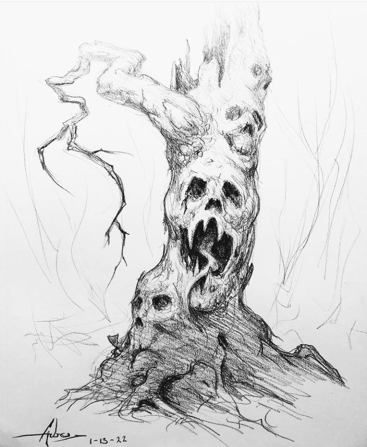 Spooky pencil sketch of a haunted tree with skull faces, twisted branches, and eerie shadows, conveying a sense of horror and mystery.