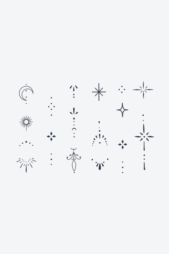 8dd4e9cc2ac07b8292191b395b4a56ac Minimalist line art symbols, including stars, moon, and geometric shapes on a light background. Perfect for tattoos. | Sky Rye Design Minimalist line art symbols, including stars, moon, and geometric shapes on a light background. Perfect for tattoos.