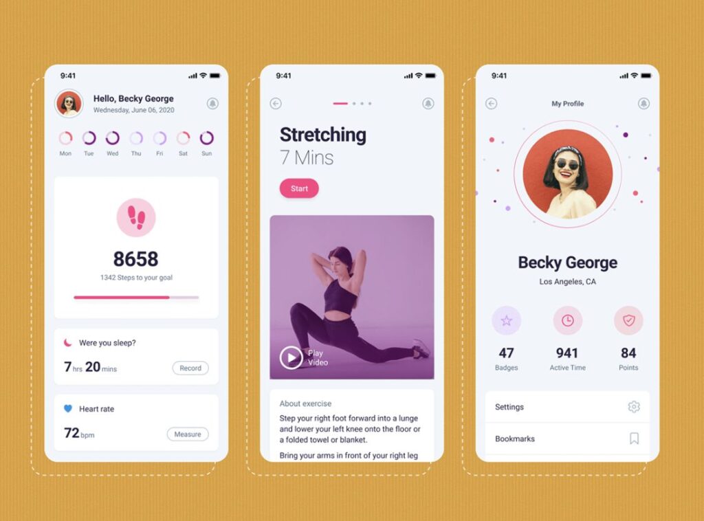 Mobile fitness app interface shows step count, stretching routines, and user profile with activity stats and personal information.