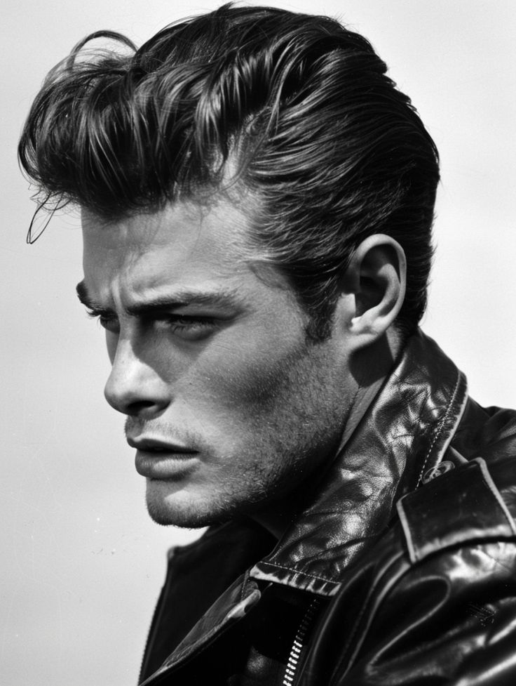 8e8013f6b8085a3bc0c6494ae31f7eec Black and white photo of a man with styled hair and a leather jacket, gazing pensively to the side. Vintage and classic fashion vibe. | Sky Rye Design Black and white photo of a man with styled hair and a leather jacket, gazing pensively to the side. Vintage and classic fashion vibe.