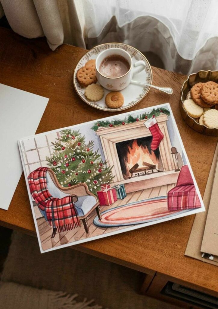 Cozy winter scene with hot chocolate, cookies, and a Christmas card showing a festive fireplace and decorated tree on a wooden table.