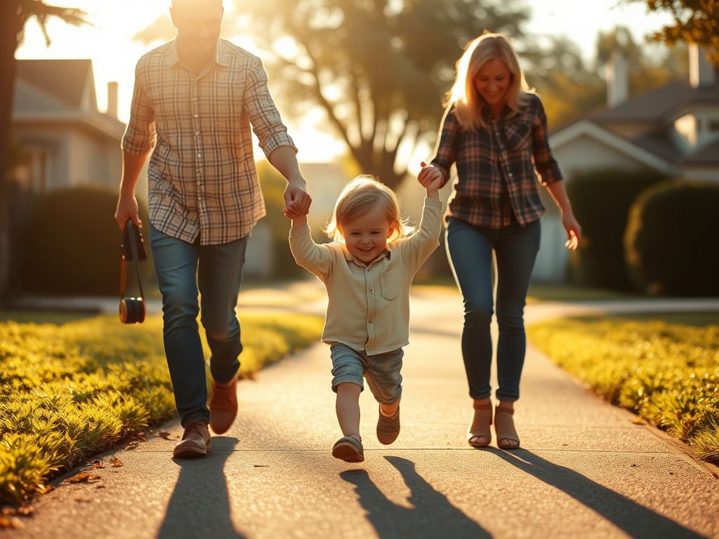 Happy family walking on a sunny sidewalk, smiling child in the center. Parents hold hands, enjoying a cheerful day outdoors.