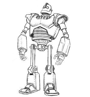 Sketch of a standing robot with a boxy head, round chest, and mechanical limbs, depicting a classic robotic design.