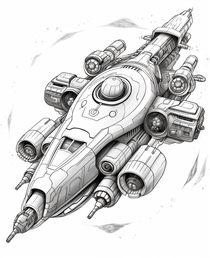_ 9 Futuristic spaceship illustration with detailed design and multiple engines, showcasing advanced sci-fi technology in a monochrome style. | Sky Rye Design Futuristic spaceship illustration with detailed design and multiple engines, showcasing advanced sci-fi technology in a monochrome style.