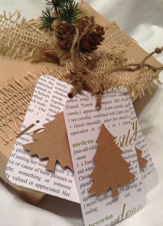 _ 9 Rustic gift wrap with burlap, twine, pinecone, and paper trees on dictionary pages, creating a festive and eco-friendly holiday presentation. | Sky Rye Design Rustic gift wrap with burlap, twine, pinecone, and paper trees on dictionary pages, creating a festive and eco-friendly holiday presentation.