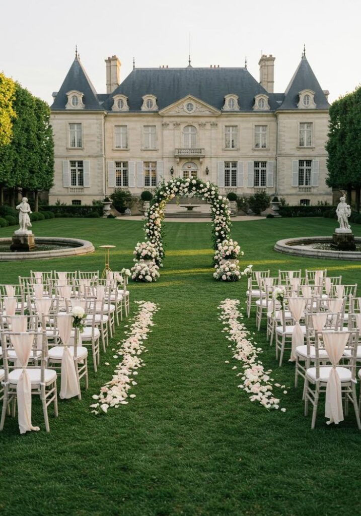 _ 9 Elegant outdoor wedding setup with flower-adorned arch and chairs on a green lawn in front of a grand estate. Perfect venue for events. | Sky Rye Design Elegant outdoor wedding setup with flower-adorned arch and chairs on a green lawn in front of a grand estate. Perfect venue for events.