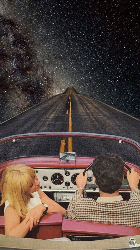 Couple driving a vintage car on a surreal road leading into a starry sky, blending nostalgia with cosmic exploration.
