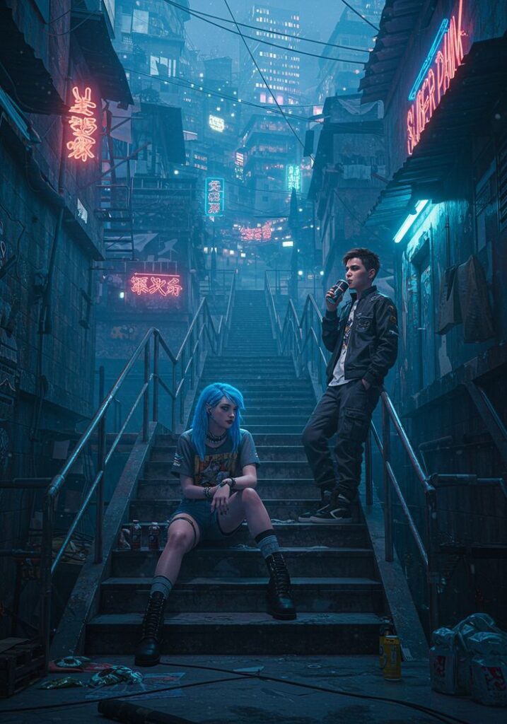 Two young people in a neon-lit alley, one sitting on stairs, the other standing, urban nightlife scene.