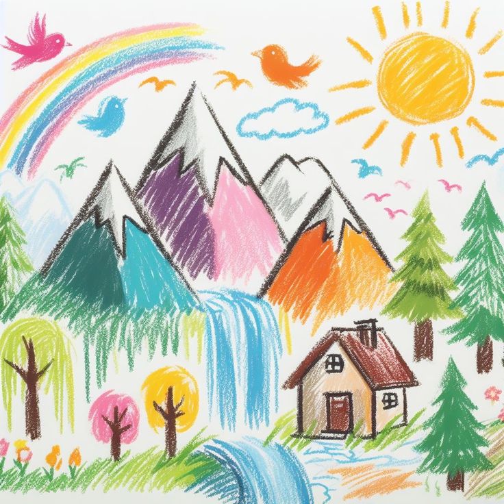 Colorful crayon drawing of mountains, a waterfall, sun, rainbow, and birds with a cabin and trees in a vibrant nature landscape.