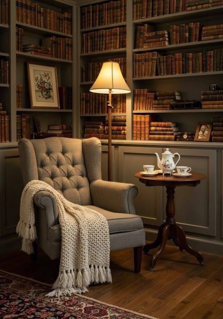 Cozy reading nook with armchair, crochet blanket, and a tea set by a lamp-lit wooden table in a library with antique bookshelves.