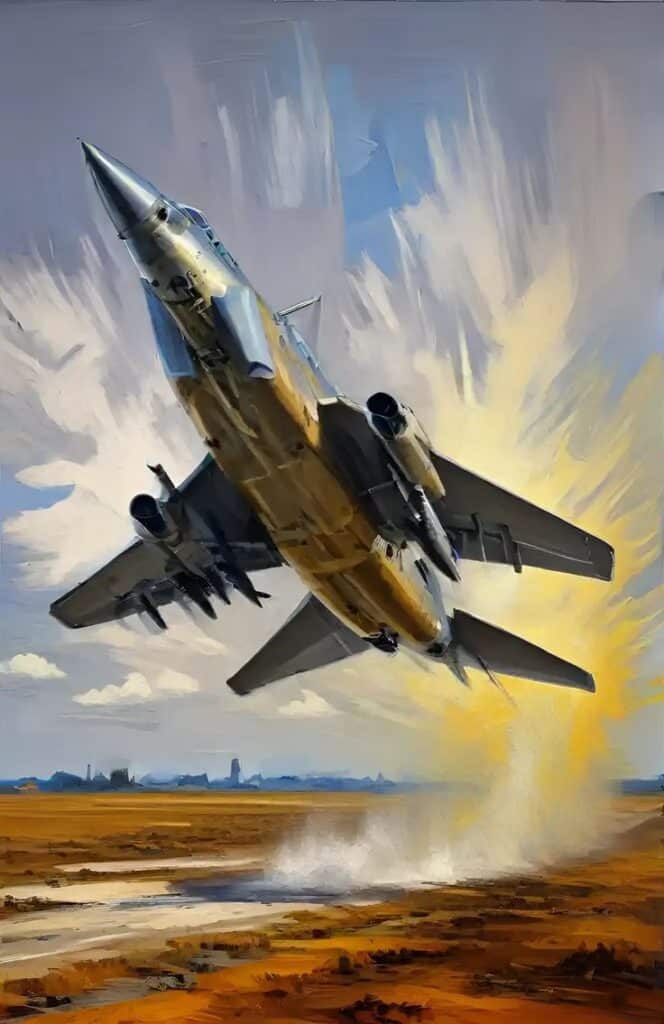 Jet aircraft taking off with dramatic speed and power, leaving a trail of dust and smoke, against a vibrant sky.