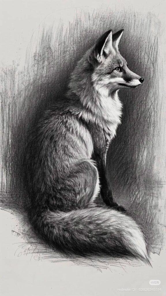 Pencil sketch of a fox in profile, sitting gracefully with detailed fur texture and alert expression, showcasing artistic realism.