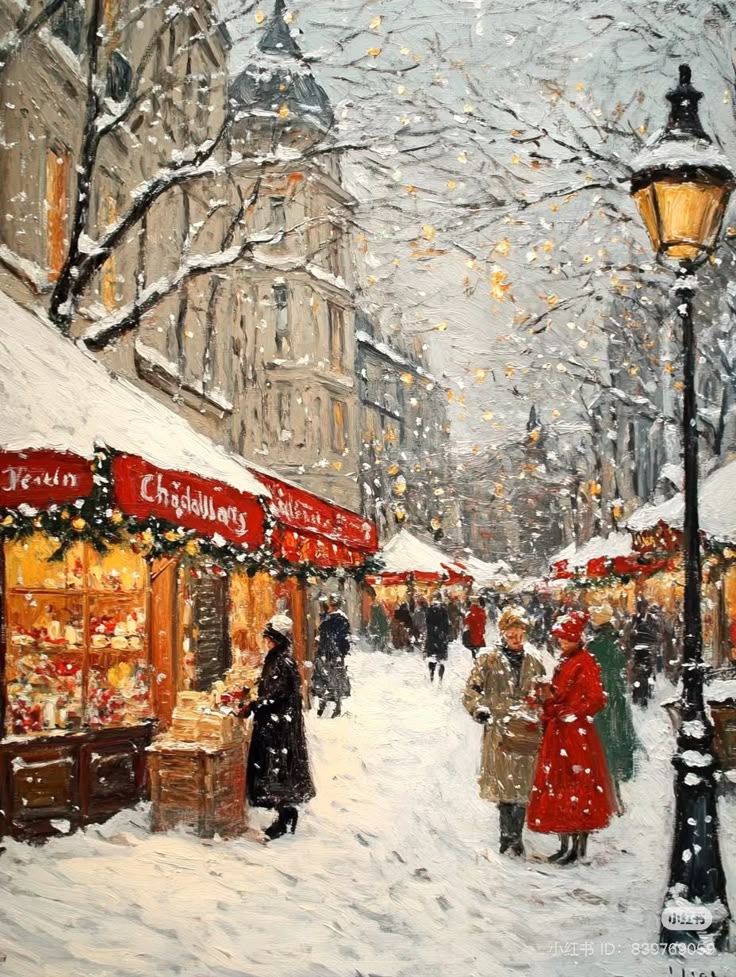 Winter market scene with snow-covered streets, festive lights, and people shopping at stalls adorned with red decorations and garlands.