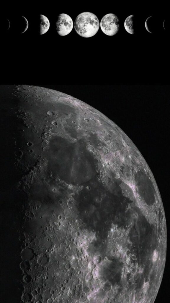Phases of the Moon: A detailed view of lunar surface with a sequence of moon phases from crescent to full moon above.