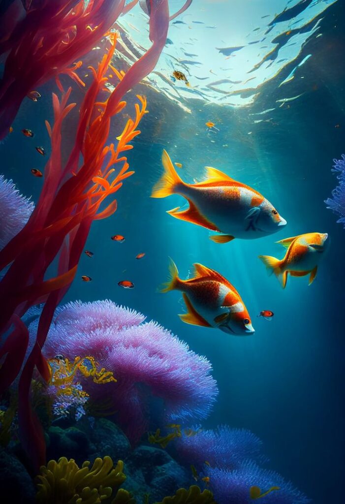 Colorful tropical fish swim among vibrant coral reefs and seaweed under sunlit ocean waters.