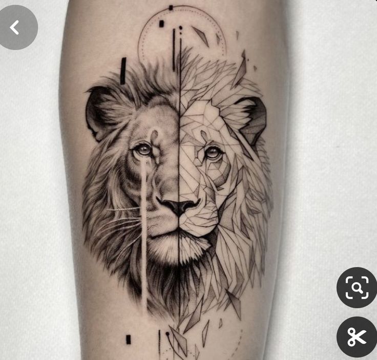 Screenshot Geometric lion tattoo design on forearm, blending realism and abstract art styles. | Sky Rye Design Geometric lion tattoo design on forearm, blending realism and abstract art styles.