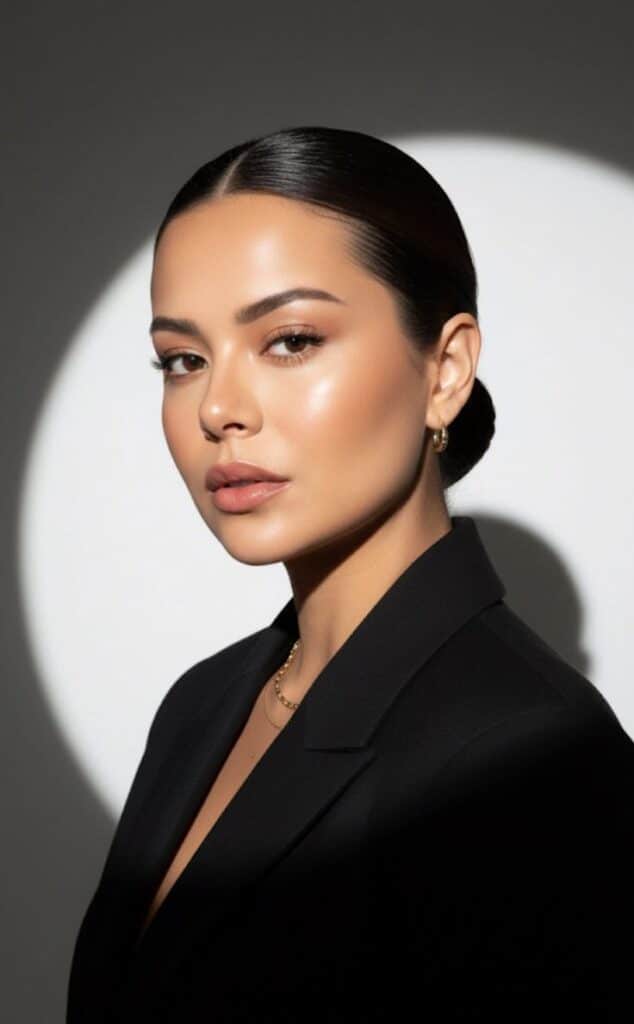 Professional portrait of a woman in a black blazer against a spotlighted background.
