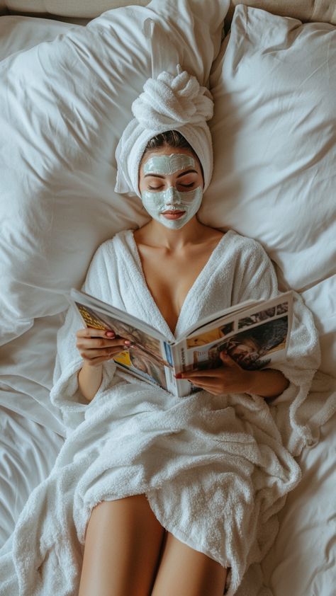 _ 9 Woman relaxing with face mask, towel on head, reading a magazine in bed. Spa day at home. | Sky Rye Design Woman relaxing with face mask, towel on head, reading a magazine in bed. Spa day at home.