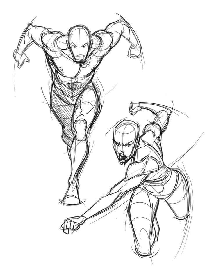 Dynamic sketch of two superhero figures in mid-action, showcasing muscular forms and powerful movement. Ideal for comic art inspiration.