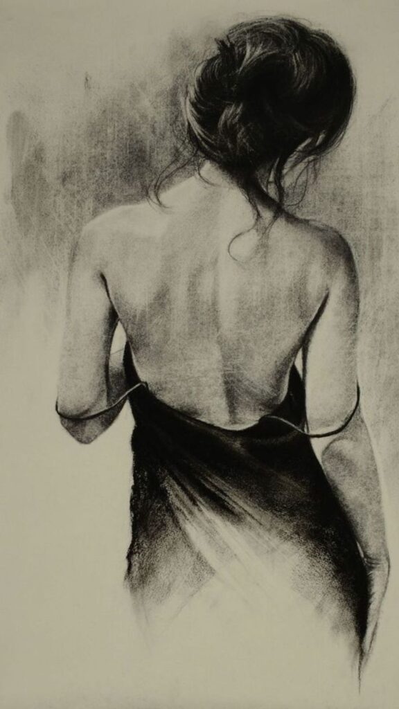 Charcoal sketch of a woman with a bare back and tousled hair, draped in fabric. Elegant and artistic expression of feminine beauty.