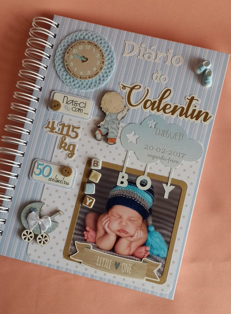 Baby journal cover for Valentin featuring birth details and a cute photo, decorated with baby-themed items and pastel colors.