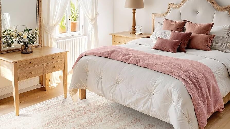 Elegant bedroom with a cozy pink and white color scheme, featuring a plush bed, soft pillows, and a large window view.