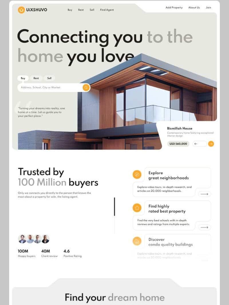 Real estate website homepage showcasing modern house listing, trusted by 100 million buyers, offering buy, rent, and sell options.
