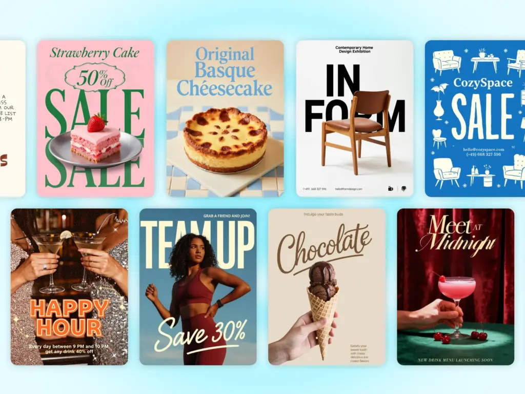 927e10cf7c13aaee351b3bca0b6ba588 Collage of marketing flyers featuring sales on strawberry cake, cheesecake, home design exhibitions, and chocolate ice cream. | Sky Rye Design Collage of marketing flyers featuring sales on strawberry cake, cheesecake, home design exhibitions, and chocolate ice cream.