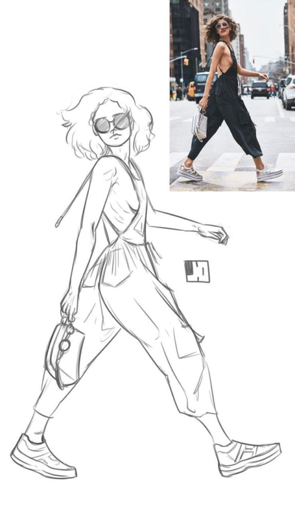 Stylish woman crossing city street in jumpsuit and sneakers, illustrated beside the original photo. Fashion and urban lifestyle concept.