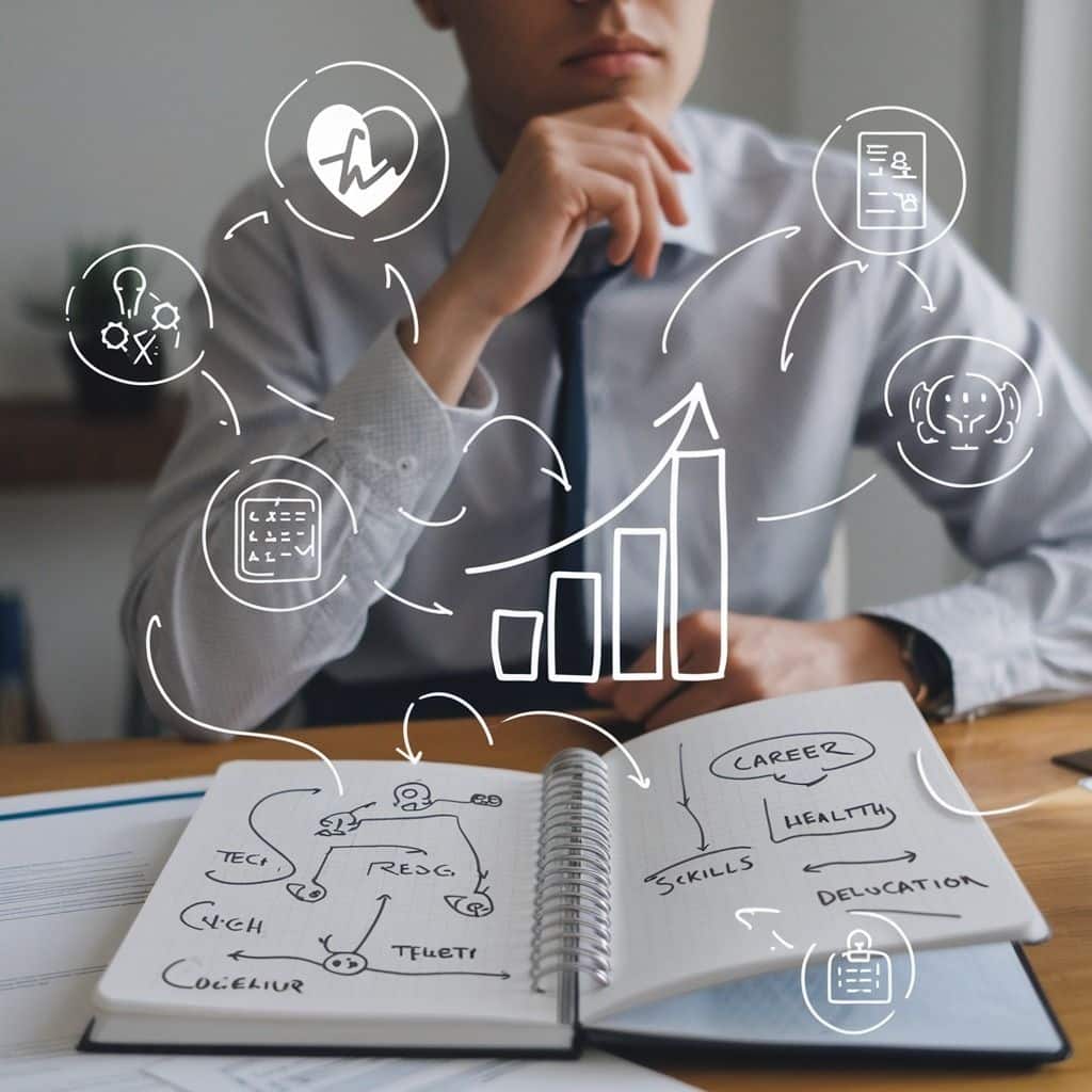 930dc1ac4570507ca25303a967e0cc2d Man pondering business strategy with doodles of charts and icons, highlighting growth, brainstorming, and planning in a notebook. | Sky Rye Design Man pondering business strategy with doodles of charts and icons, highlighting growth, brainstorming, and planning in a notebook.