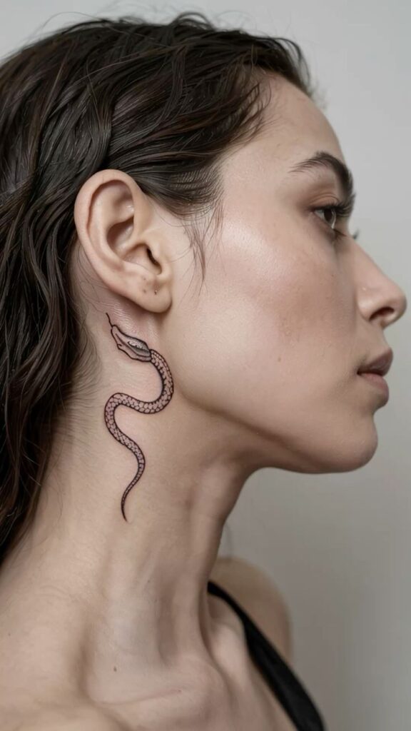 Profile view of a woman with a detailed snake tattoo behind her ear, showcasing elegant body art and style.