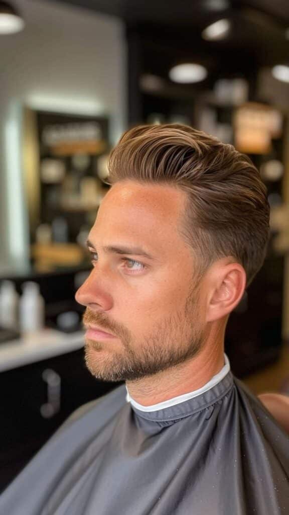 93dc93c53657ffa2ce73f6a74b43adbc Man with a stylish slicked-back hairstyle and trimmed beard in a modern barbershop setting. | Sky Rye Design Man with a stylish slicked-back hairstyle and trimmed beard in a modern barbershop setting.