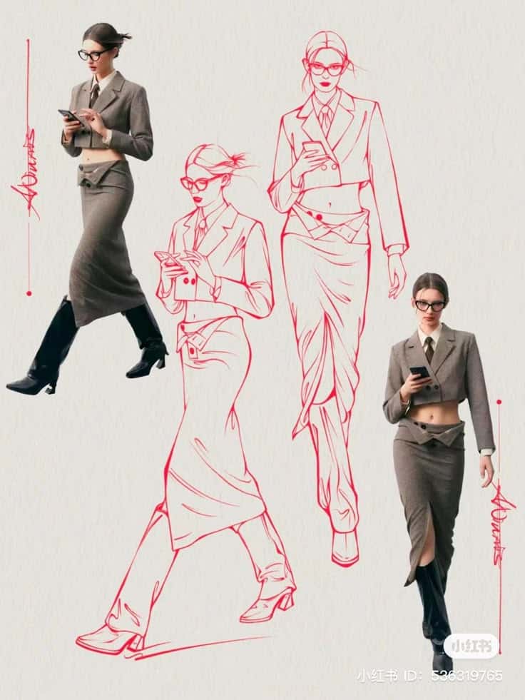 Fashionable woman in a sleek suit and glasses, mirrored with stylish red line art, checks her phone while confidently walking.