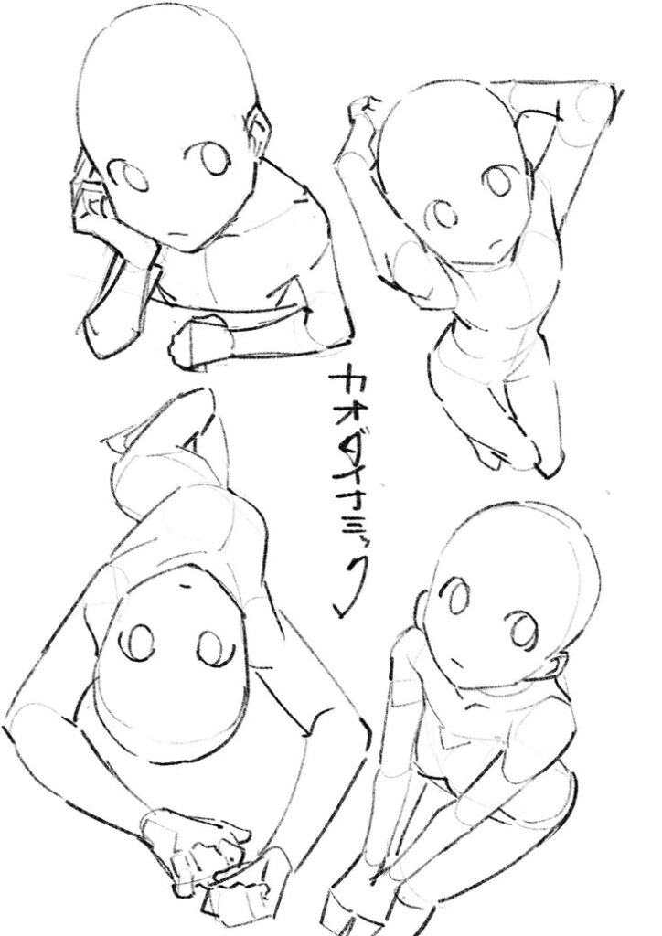 Anime sketch of four dynamic poses, showcasing different angles and body positions for drawing inspiration.